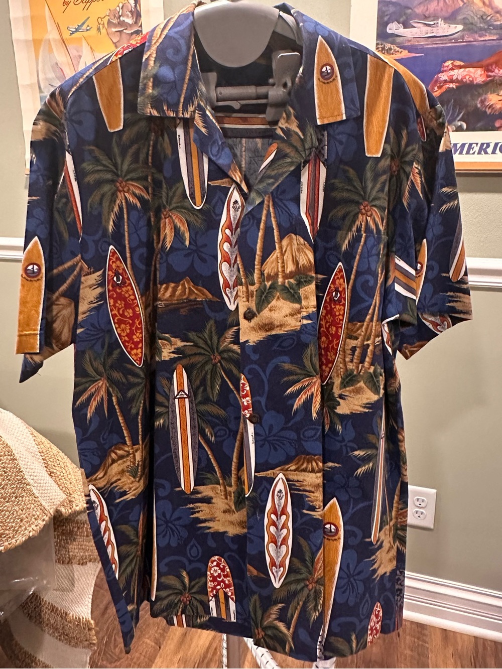 Men's Navy Hawaiian Tropical Surfboard Print Shirt- Size Large